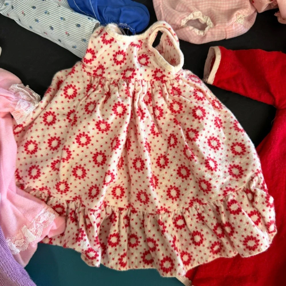 Vintage Doll Clothes Lot Red Coat Purple Knit Dress Pink Gown Floral Outfits